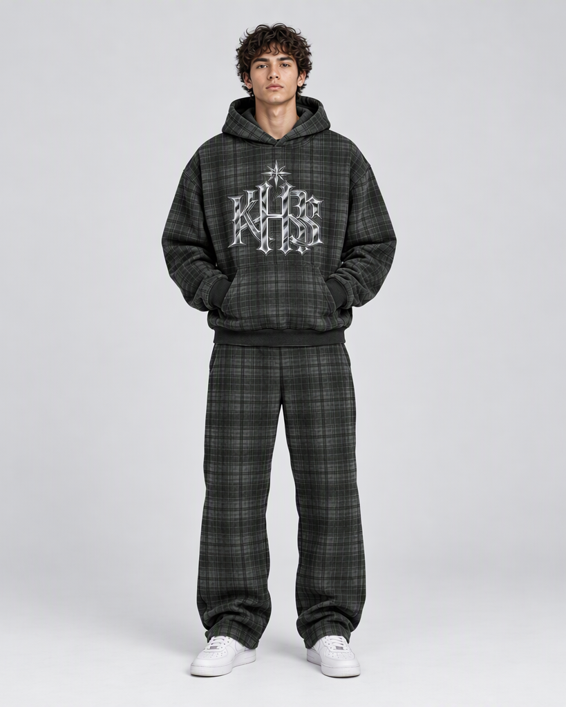 Green Goblin Set with KHBS logo - model wearing the matching plaid outfit