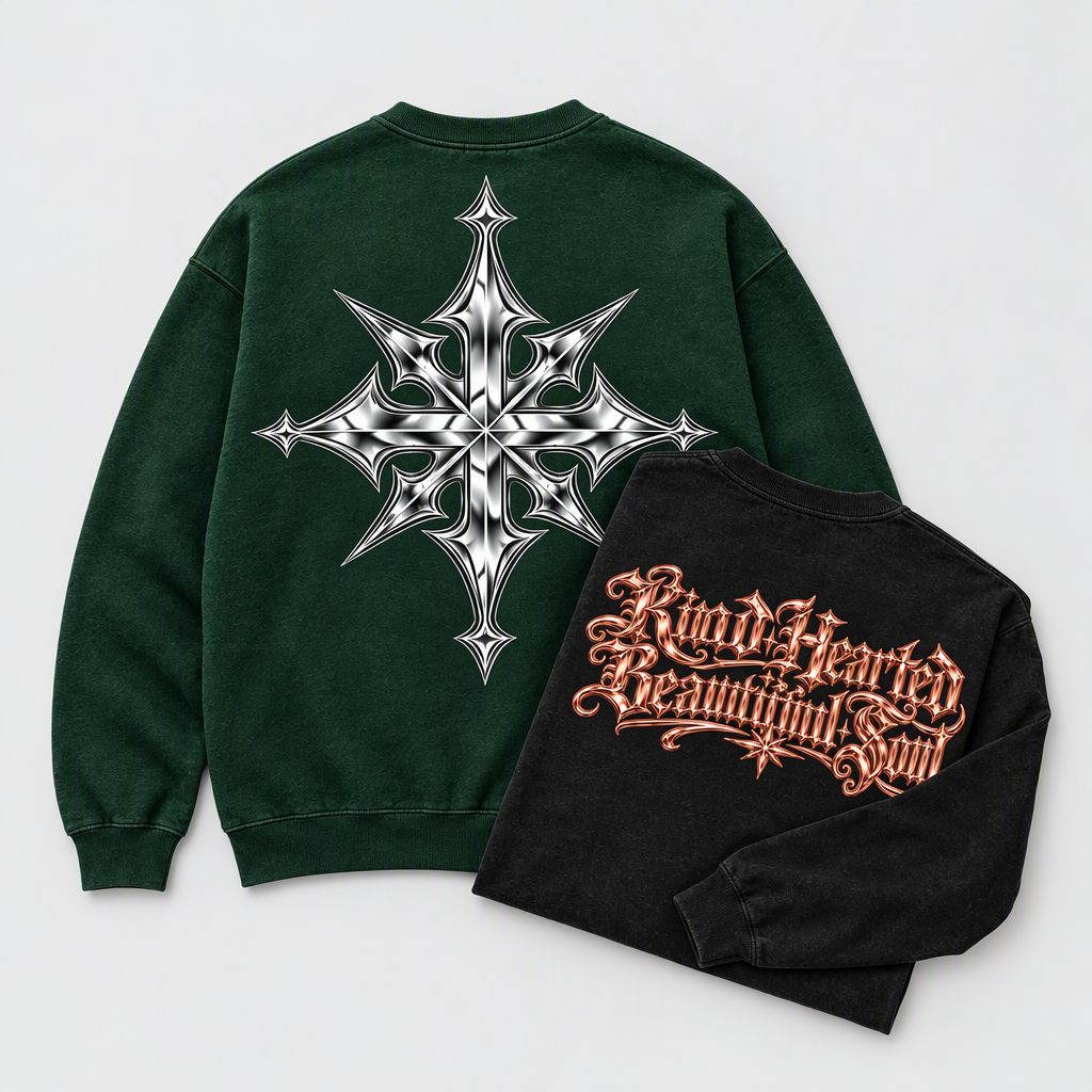 KHBS Fleece Set - forest green crewneck and black long-sleeve tee flat-lay