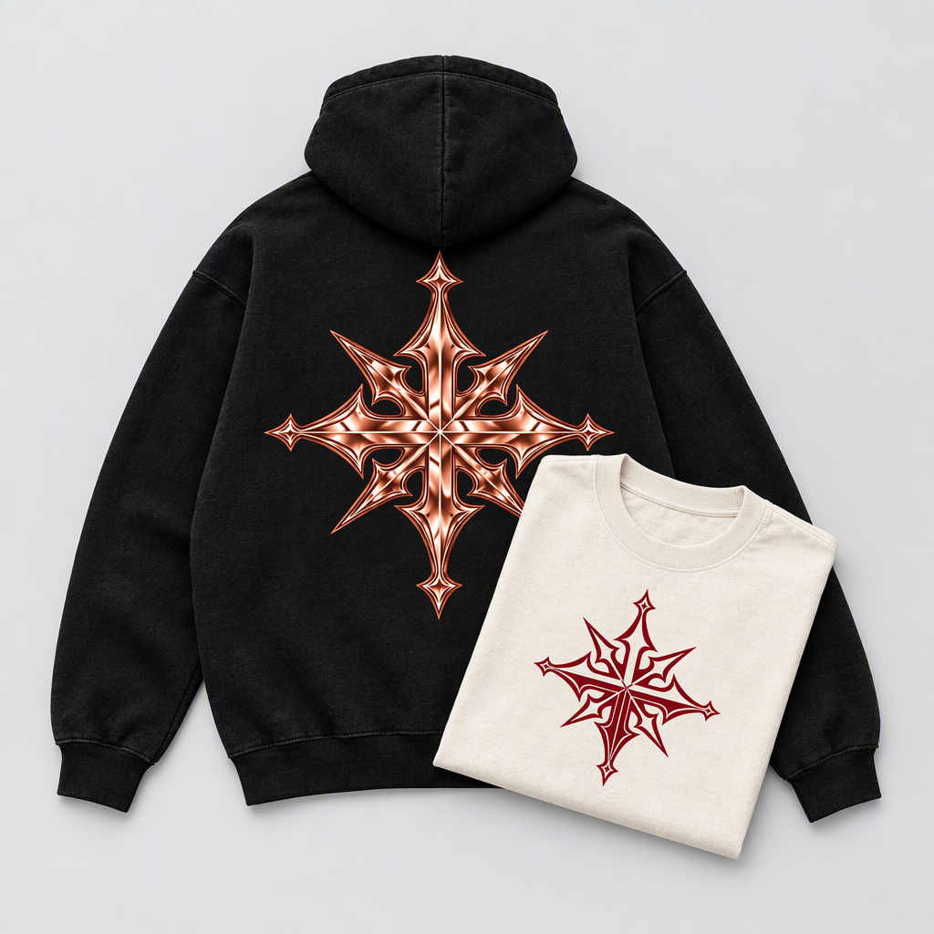 KHBS Set - heavyweight black hoodie and cream oversized tee flat-lay